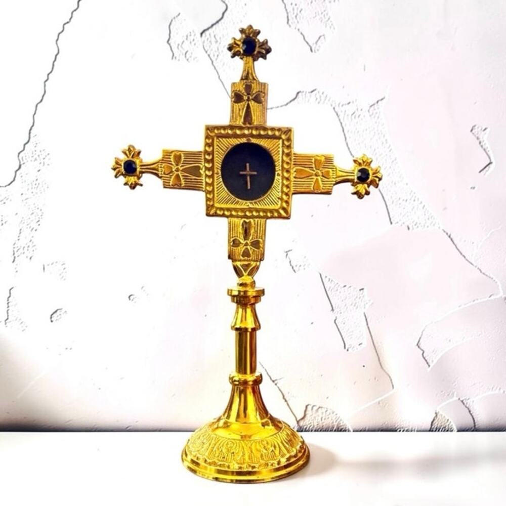 Elegant Gold-Plated Brass Cross Reliquary Monstrance with Blue Gemstone Accents